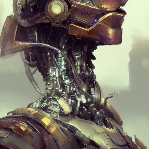 Image similar to A robot close up portrait, D&D, fantasy, intricate, cinematic lighting, highly detailed, digital painting, artstation, concept art, smooth, sharp focus, illustration, art by Akihiko Yoshida, Greg Rutkowski and Alphonse Mucha