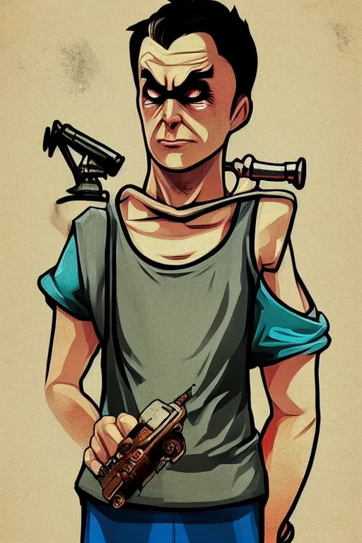 Prompt: boy with singlet tshirt and towel on shoulder. bioshock art style, grand theft auto chinatown art style, pop art, proportional, digital arts, artstation, concept arts, smooth, sharp focus, illustration, intricate, hyperdetails, art by banksy and mimmo rottela, pixels art by paul robertson
