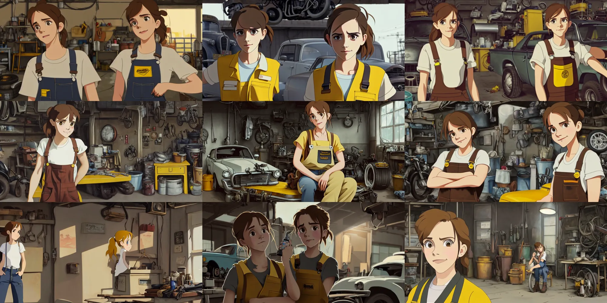 Prompt: a wholesome animation key shot of emma watson as an auto mechanic, dressed in an oily pair of torn overalls, white t - shirt and brown boots repairing the tires of a motorcycle in the workshop garage, medium shot, waist up, studio ghibli, pixar and disney animation, sharp, rendered in unreal engine 5, anime key art by greg rutkowski, bloom, dramatic lighting