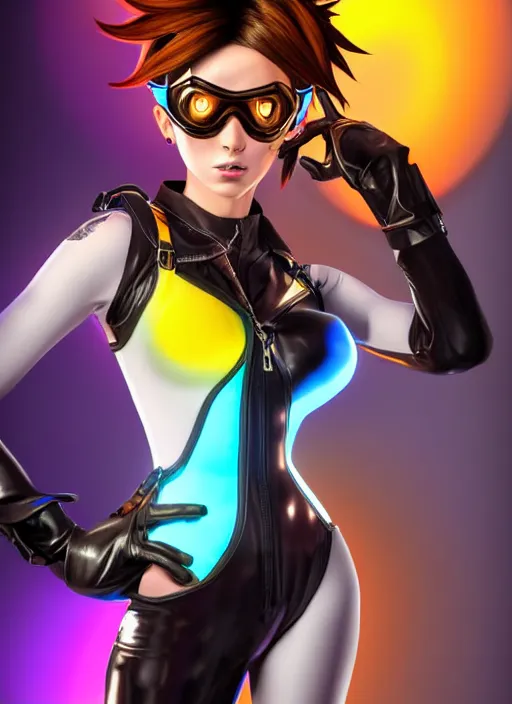 Image similar to portrait bust digital artwork of tracer overwatch, wearing iridescent rainbow latex and leather straps catsuit outfit, 4 k, expressive happy whistling face, makeup, in style of mark arian, angel wings, wearing detailed leather collar, chains, black leather harness, detailed face and eyes,