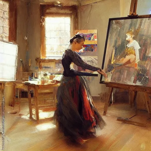 Image similar to extraordinary portrait : mata hari in checked shirt, modern hairstyle, blonde, in her art studio. precise detail. art by anders zorn, wonderful masterpiece by greg rutkowski, beautiful cinematic light, american romanticism by greg manchess, jessica rossier