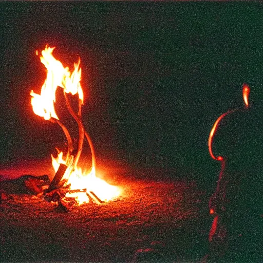 Prompt: cinestill of a xenomorph backlit by a bonfire at night