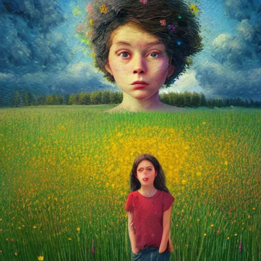 Prompt: girl with dandelion as a face, surreal photography, dream, standing in flower field, hills, big trees, sunrise dramatic light, impressionist painting, colorful clouds, digital painting, pointillism, artstation, simon stalenhag