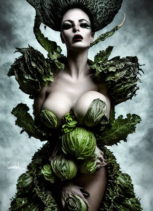 Image similar to expressive full body photo of demoness, dress made of cabbages, glamour shot, by karol bak, stefan gesell, photorealistic, nikon d 4 x, fashion photography, hyper maximalist, elegant, ornate, luxury, elite, environmental portrait, symmetrical features, octane render, unreal engine, solid dark grey background, dramatic lights