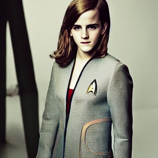 Prompt: Photo of a beautiful 20yo Emma Watson wearing a Star Trek uniform in the style of Mario Testino, detailed, 82 mm sigma art