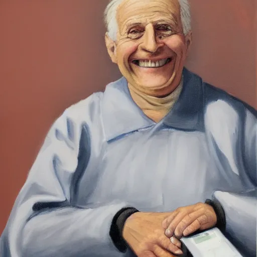 Prompt: a painting of a smiling old man wearing medical appliances