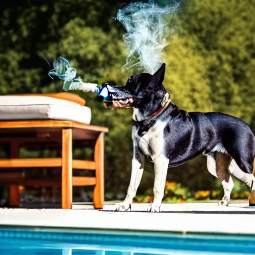 Image similar to a very detailed photo of a dog smoking a cigar outside the mansion by the pool