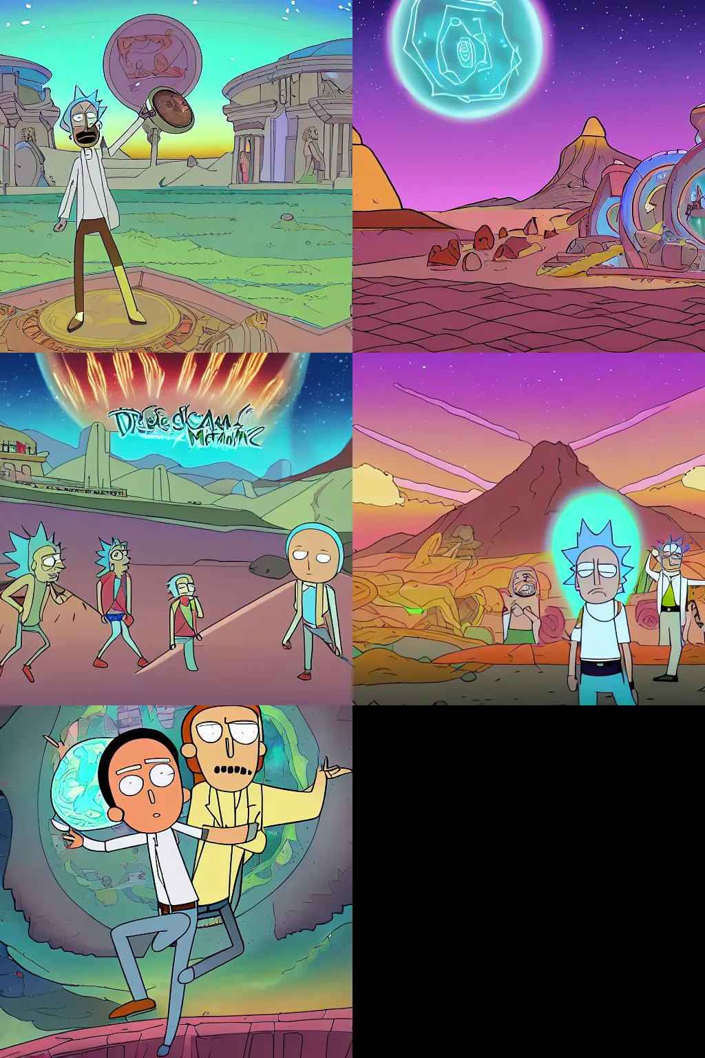 Prompt: a dreamscape with ancient civilization in the style of Rick and Morty, cartoon, 3k