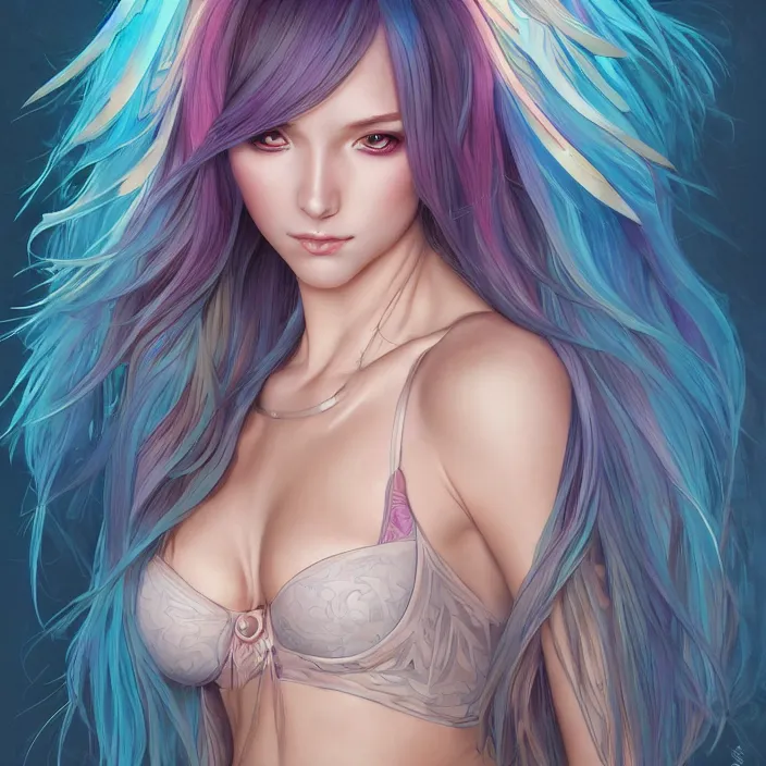 Image similar to portrait of beautiful symmetrical anime girl, rainbow hair, attractive, casual, modern, victoria's secret, highly detailed, digital painting, artstation, concept art, smooth, sharp focus, illustration, art by moebius artgerm, greg rutkowski and alphonse mucha, 8 k,