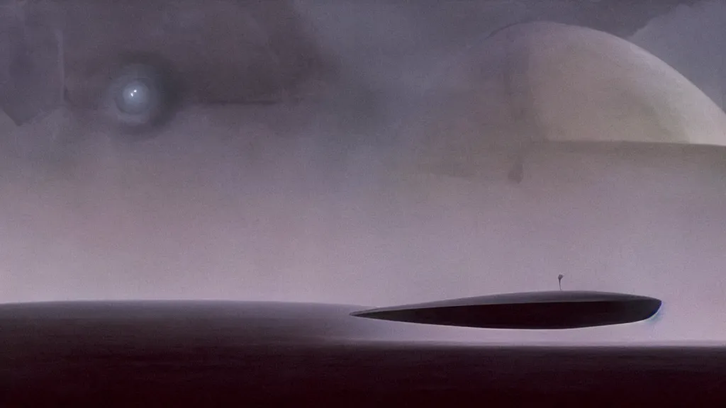 Image similar to movie still of a mysterious spaceship on a distant planet, directed by Denis Villeneuve, with art direction by Zdzisław Beksiński, wide lens