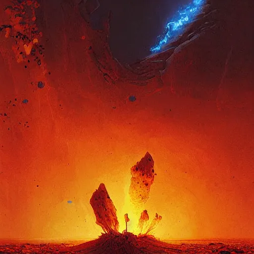 Image similar to A digital painting of a meteorite containing an insect hive burning up in the atmosphere, Wayne Barlowe Greg Rutkowski Jessica Rossier