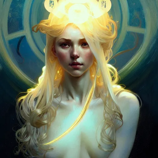 Image similar to A girl with blonde hair and glowing halo, spiritual, ethereal, dramatic lighting, fantasy, intricate, elegant, highly detailed, digital painting, artstation, concept art, smooth, sharp focus, illustration, art by Krenz Cushart and Artem Demura and alphonse mucha