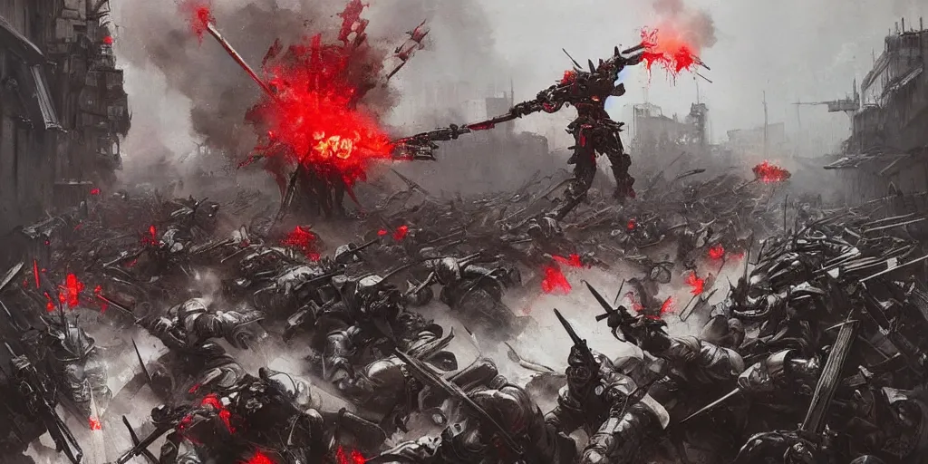 Prompt: demonic samurai robot slaughtering french soldiers and civilians in the interbellum paris, very detailed painting, concept art, intense heavy street battle, pile of bodies, a lot of blood on the streets, art by greg rutkowski and jakub rozalski
