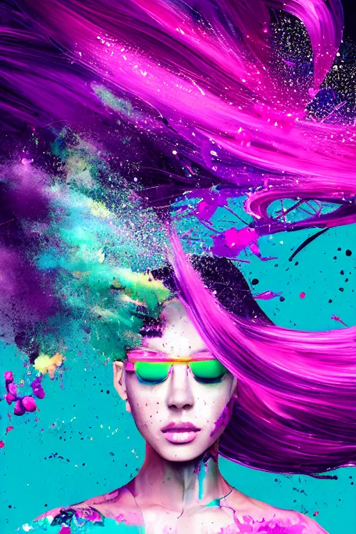 Image similar to a award winning half body porttrait of a beautiful woman in a croptop and cargo pants with ombre purple pink teal hairstyle with head in motion and hair flying, paint splashes, splatter, outrun, vaporware, shaded flat illustration, digital art, trending on artstation, highly detailed, fine detail, intricate