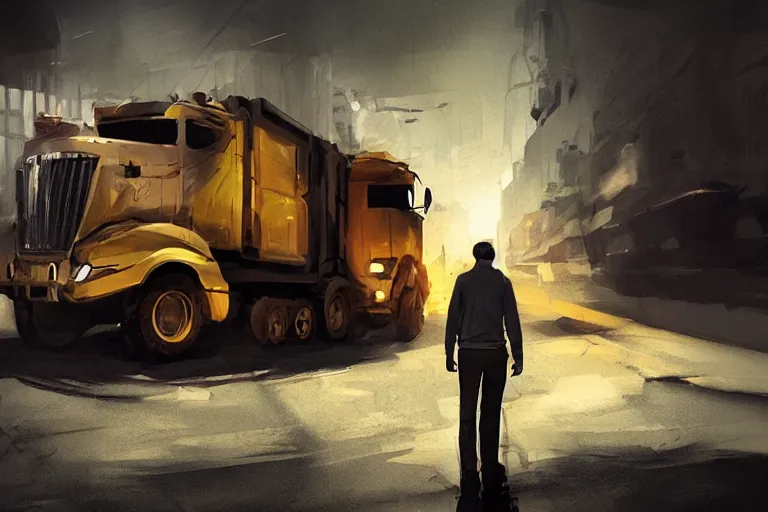 Image similar to epic concept art of a man standing with an oncoming truck. backlighting. strong contrast. by ashley wood and j. m. w. turner, speed painting, photo bash, cinematic angle, super detailing, strong perspective