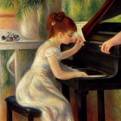 Image similar to girl with curly blonde hair sits at a piano in a music room, white pitbull lays on the floor, painting by renoir