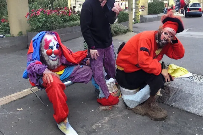 Prompt: a clown trying to make a homeless guy happy