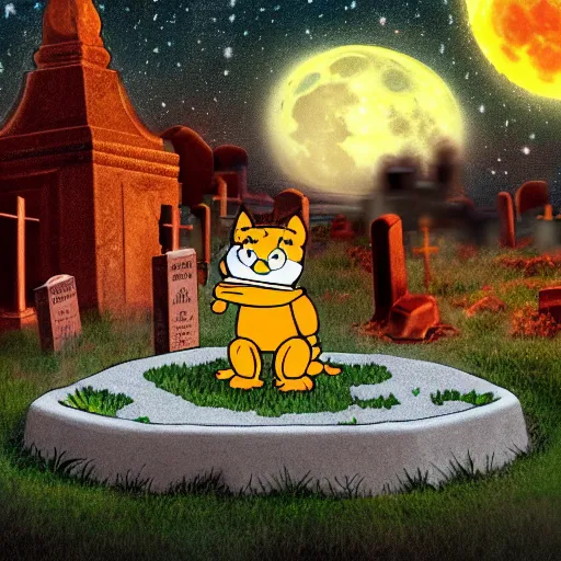 Image similar to Garfield eating lasagna in a cemetery, gravestone says Jon Arbuckle, full moon in background, starry sky with clouds, horror, spooky, photorealistic, 8k resolution,