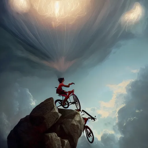 Image similar to A fancy portrait of a happy man flying in the sky on his bicycle in the clouds, perfect expression, Ross Tran, Greg Rutkowski, Maciej Kuciara, 8k photorealistic, volumetric lighting, HD, high details, dramatic, warm atmosphere, trending on artstation