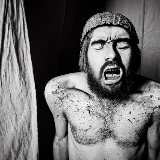 Image similar to Photograph of Angry 25 year old man in ancient Canaanite clothing wakes up in shock. Interior ancient tent. 40mm lens, shallow depth of field, split lighting
