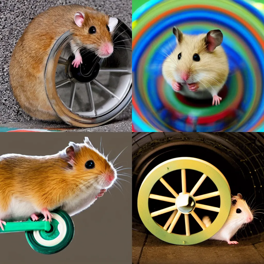 Prompt: Hamster on wheels