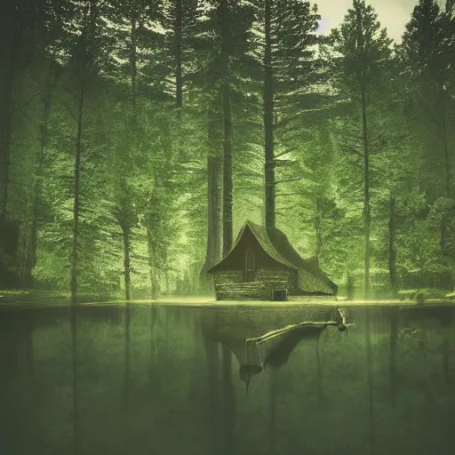 Image similar to a photo of a dream world, forest, river, skull, church, dark lighting