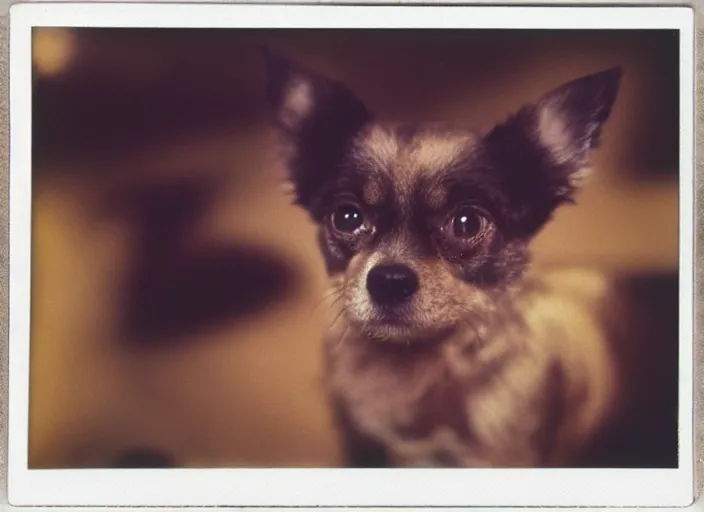 Image similar to a extreme close - up photo, color studio photographic portrait of a little dog, dramatic backlighting, 1 9 7 3 polaroid photo from life magazine,