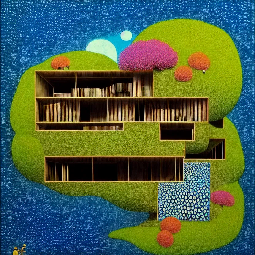 Prompt: surreal glimpse into other universe, a house by kengo kuma on an island, summer morning, very coherent and colorful high contrast, art by!!!! gediminas pranckevicius!!!!, geof darrow, floralpunk screen printing woodblock, dark shadows, hard lighting, stipple brush technique,