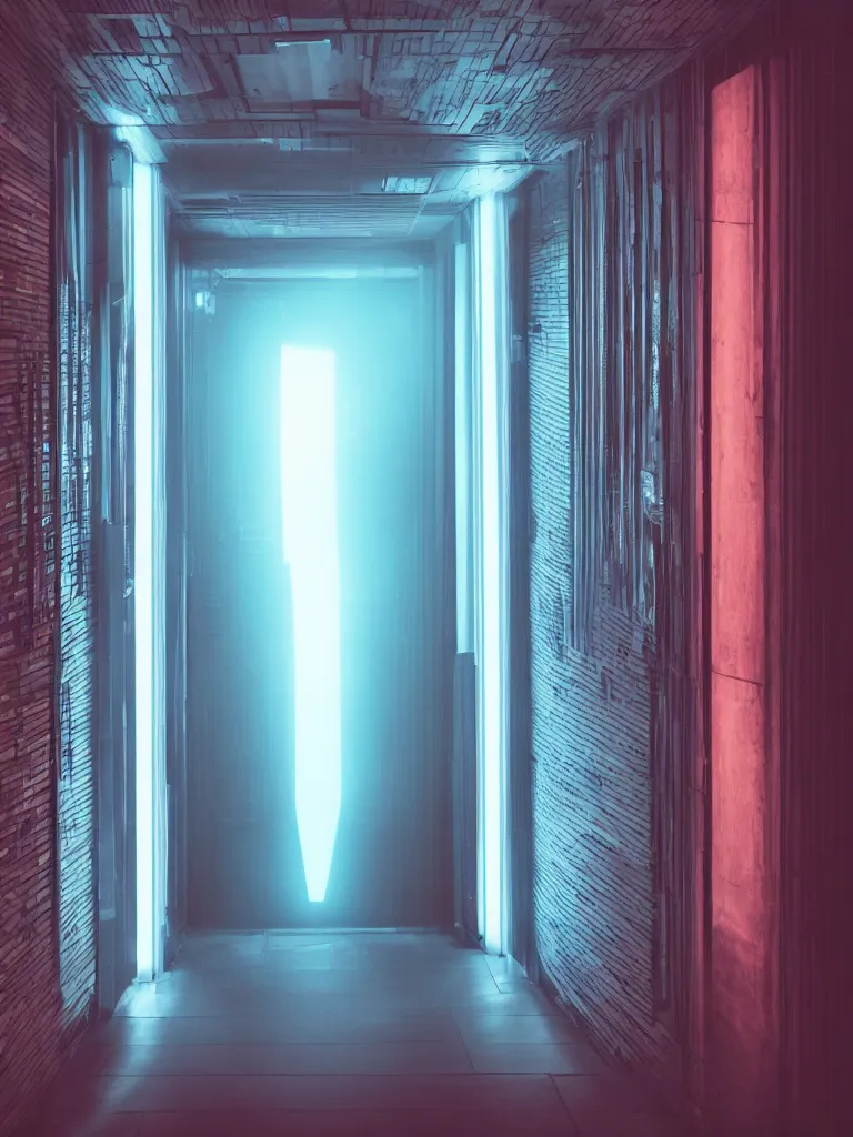 Prompt: a door at the end of a long dark corridor, futuristic, neon,