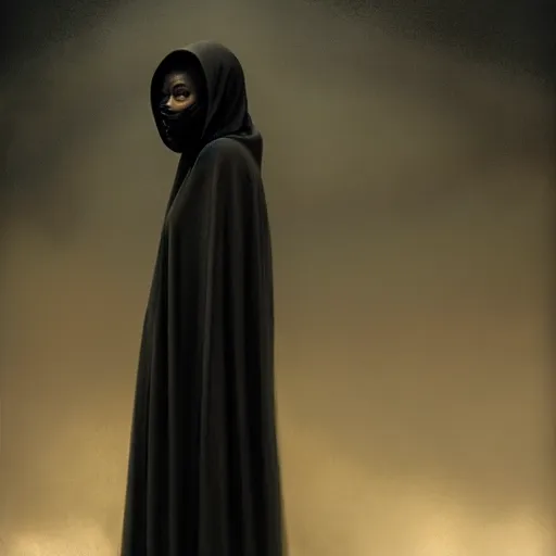 Image similar to a portrait of a young black woman wearing a long dark cloak, hood and shadows covering face, anatomically correct, beautiful perfect face, enigmatic, oil painting, matte painting, black background, Volumetric dynamic lighting, Highly Detailed, Cinematic Lighting, Unreal Engine, 8k, HD, by Beksinski