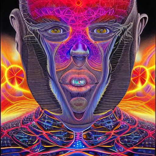 Image similar to black void surrounding visions of the future by alex grey, award - winning, digital painting, hyperdetailed, cosmic