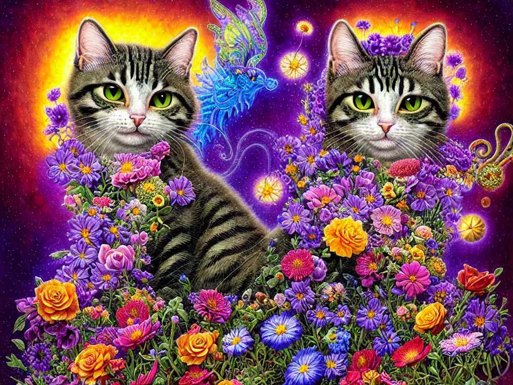 Prompt: intricate detailed flower garden magical Cat Portrait Lisa Frank, james gurney,dan luvisi,Petros Afshar,tim hildebrandt,liam wong,Mark Riddick,thomas kinkade,ernst haeckel,dan mumford,trending on artstation,josephine wall, WLOP ,cgsociety by Gediminas Pranckevicius, trending on cgsociety and DeviantArt