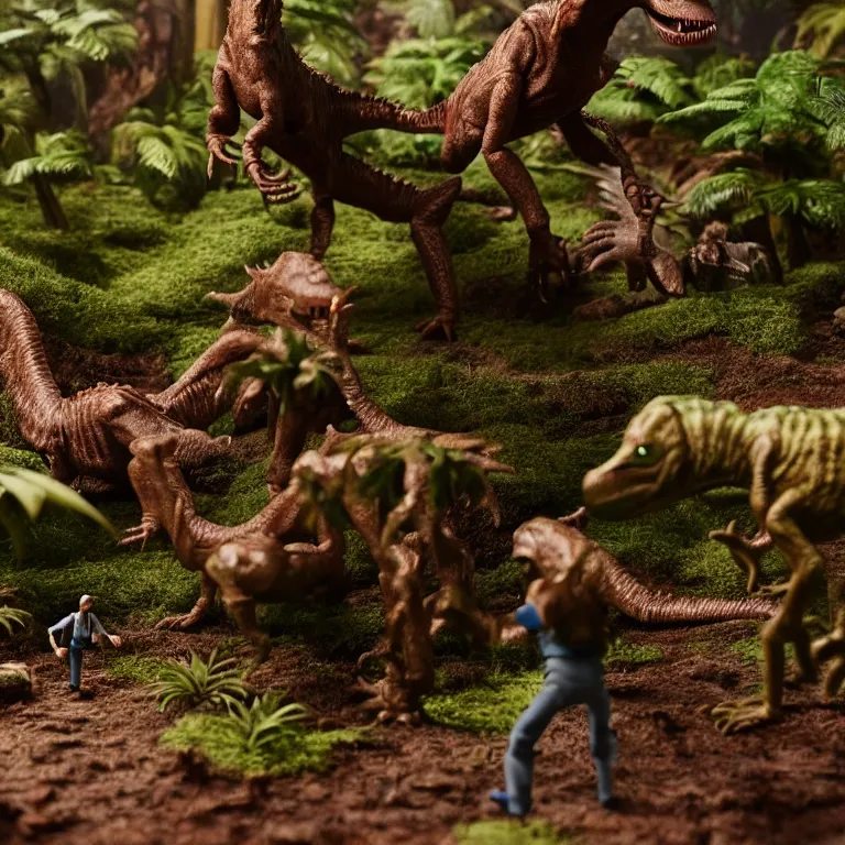 Prompt: a cinematic film still of a claymation stop motion jurassic park, shallow depth of field, 8 0 mm, f 1. 8