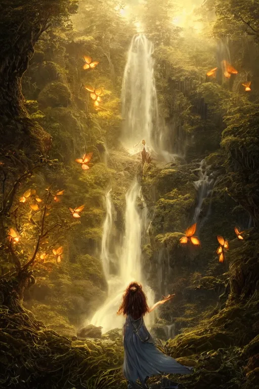 Image similar to detailed intricate digital illustration by greg rutkowski and artgerm and wlop and sanford robinson gifford ; girl standing in gothic fantasy valley and waterfall faerie fey unseelie in background ; 1 3 mm film, arri alfa anamorphic lens ; sharp focus, golden hour, fireflies ; trending on artstation 8 k close view