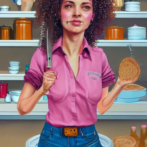 Image similar to portrait of a woman with curly hair in a pink shirt and highrise jeans making sourdough in sunlit kitchen, hyper detailed, digital art, trending in artstation