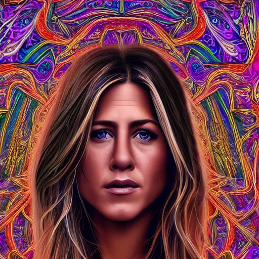 Prompt: 8k detailed psychedelic abstract illustration of young Jennifer Aniston, detailed, intricate, elegant, highly detailed, digital painting, artstation, smooth, sharp focus