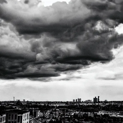 Prompt: analog photograph of skycrapers, post apocalyptic, big clouds visible, nature has taken over the city, abandoned, greyscale, film grain, bokeh, depth of field