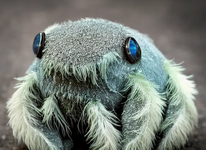 Prompt: a portrait shot of a beautiful tardigrade!!! covered in feathers, front shot. big cute eyes!!! tilt shift photography, extreme dof