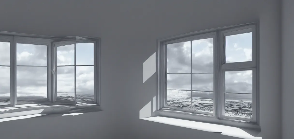 Prompt: aluminum window in the middle of the grey room, 8k render, hypredetail, realistic