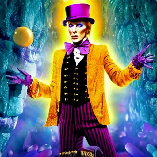 Image similar to stunning awe inspiring David Bowie as Willy Wonka 8k hdr movie still amazing lighting