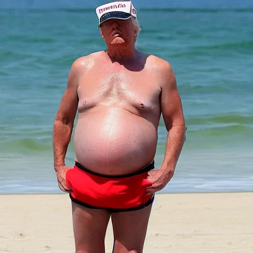 Prompt: Donald trump showing off his pregnant belly at the beach, he is squinting at the camera