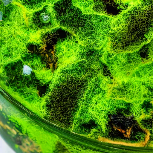 Prompt: lush green terrarium, macro shot, 4k