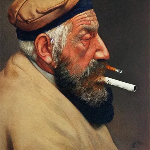 Image similar to painting of sailor hobo hyperrealism vasily vereshchagin with smoking pipe