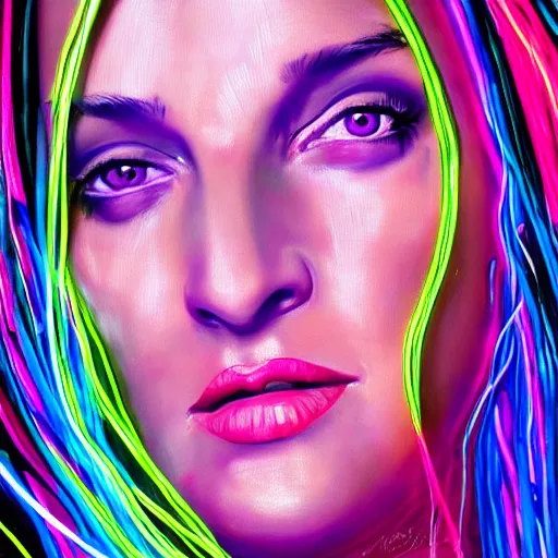 Prompt: portrait uma thurman with lots of neon wires arownd the head, futuristic, high intricate detail,