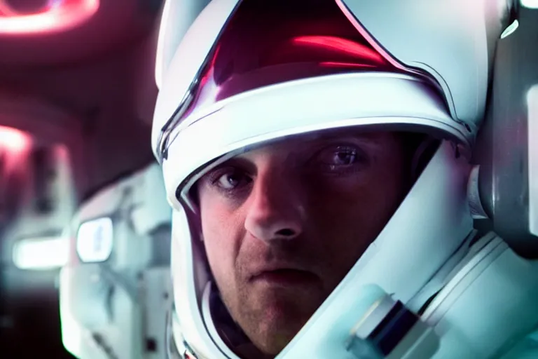 Image similar to VFX movie of a futuristic spaceman closeup portrait in high tech spaceship, beautiful natural skin neon lighting by Emmanuel Lubezki