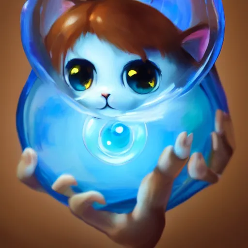 Prompt: cinematic portrait of cute Mew holding onto large blue bubble, oil on canvas, masterpiece, trending on artstation, featured on pixiv, cinematic composition, dramatic pose, beautiful lighting, sharp, details, hyper-detailed, HD, HDR, 4K, 8K