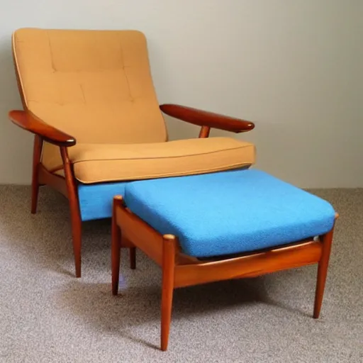 Image similar to a soft comfortable long chair, birch wood, tall, mid century modern, with an antique blue cotton ottoman