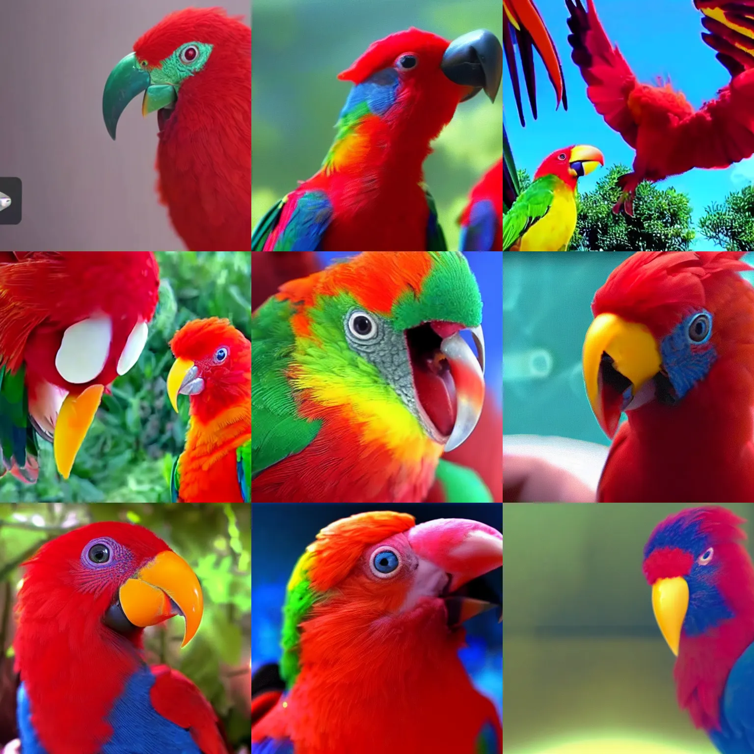 Prompt: red chattering lory bird gumi laughing wue wue wue wuewuewue then judging as seen from beneath mighty presence, viral youtube animal video