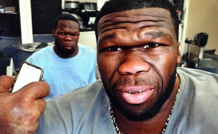 Image similar to portrait of my uncle look like 50 Cent if he was poor asf lmao, close-up, one person in frame, photo, not a selfie, portrait, uncomfortable, funny, phone quality, camera flash on, viral photo, viral on instagram