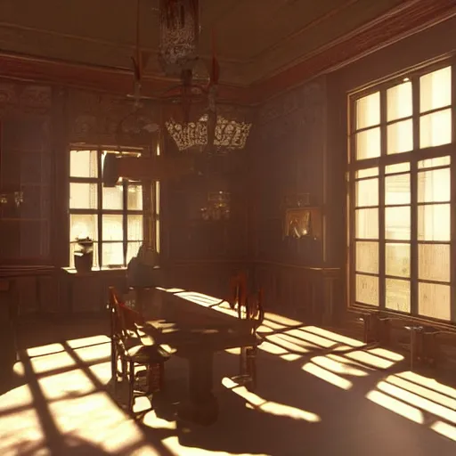 Image similar to inside a victorian dining room with bookcases on the walls, sunlight shines through the windows and produces rays of light in the dust ray traced unreal 5, ultra details